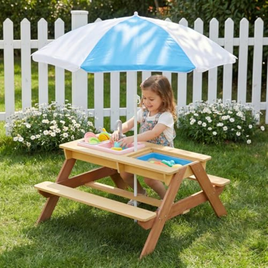 Kids Outdoor Sink - Outdoor-Kinder-Picknicktisch mit Sonnenschirm, Holztisch für Sand