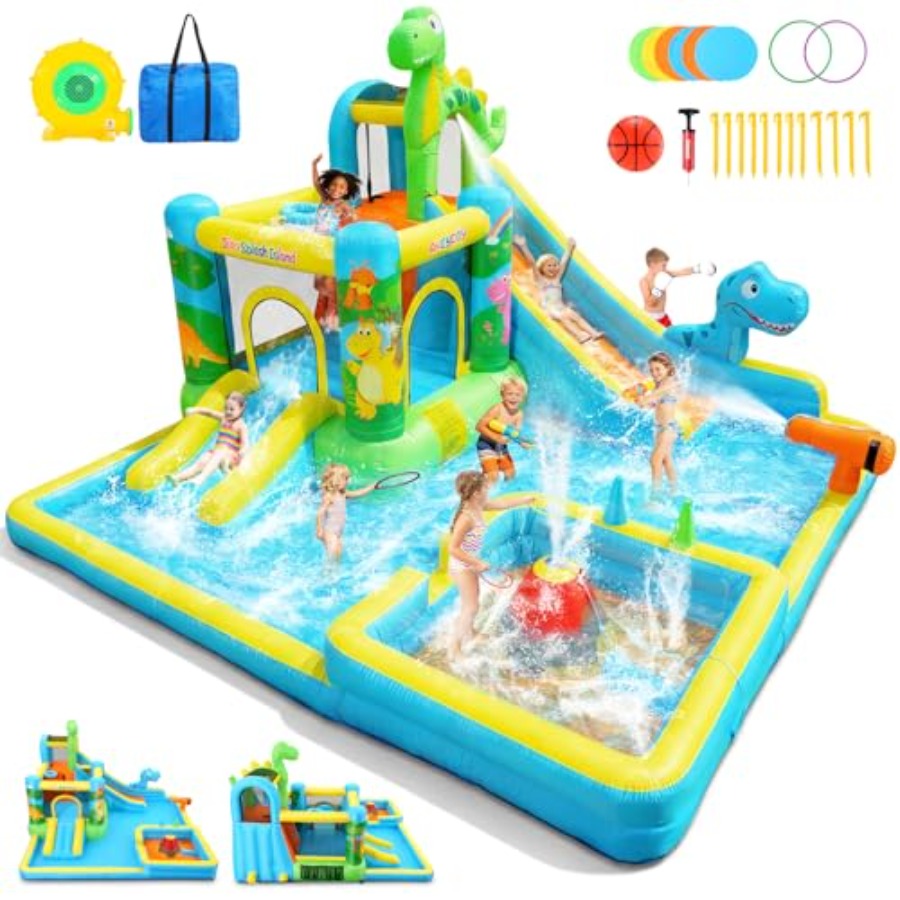 Kids Outdoor House With Slide - Aufblasbare Wasserrutsche für den Garten: Dinosaurier-Themen-Hüpfburg