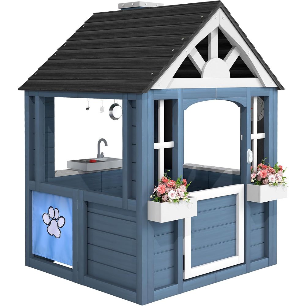 Kids Outdoor Sink - Jevol Kinder-Outdoor-Spielhaus, Holzspielhaus mit Küche, Haustiertür,