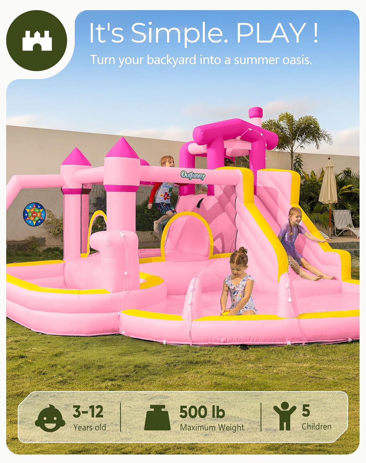 Rosa Aufblasbare Wasserrutsche – Kids Outdoor House With Slide Bewertung und Preis