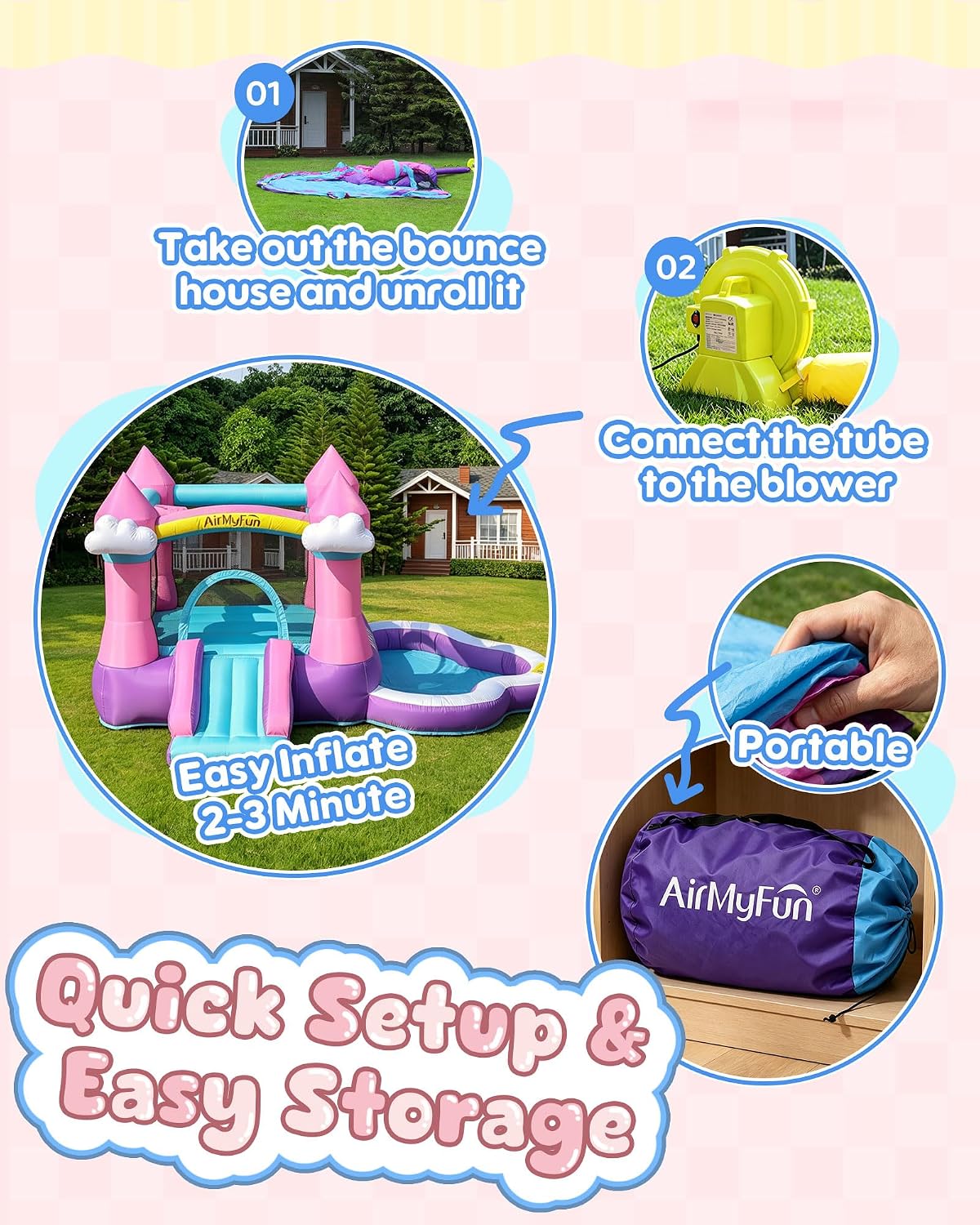 Rosa Aufblasbare Hüpfburg für  – Kids Outdoor House With Slide Bewertung und Preis