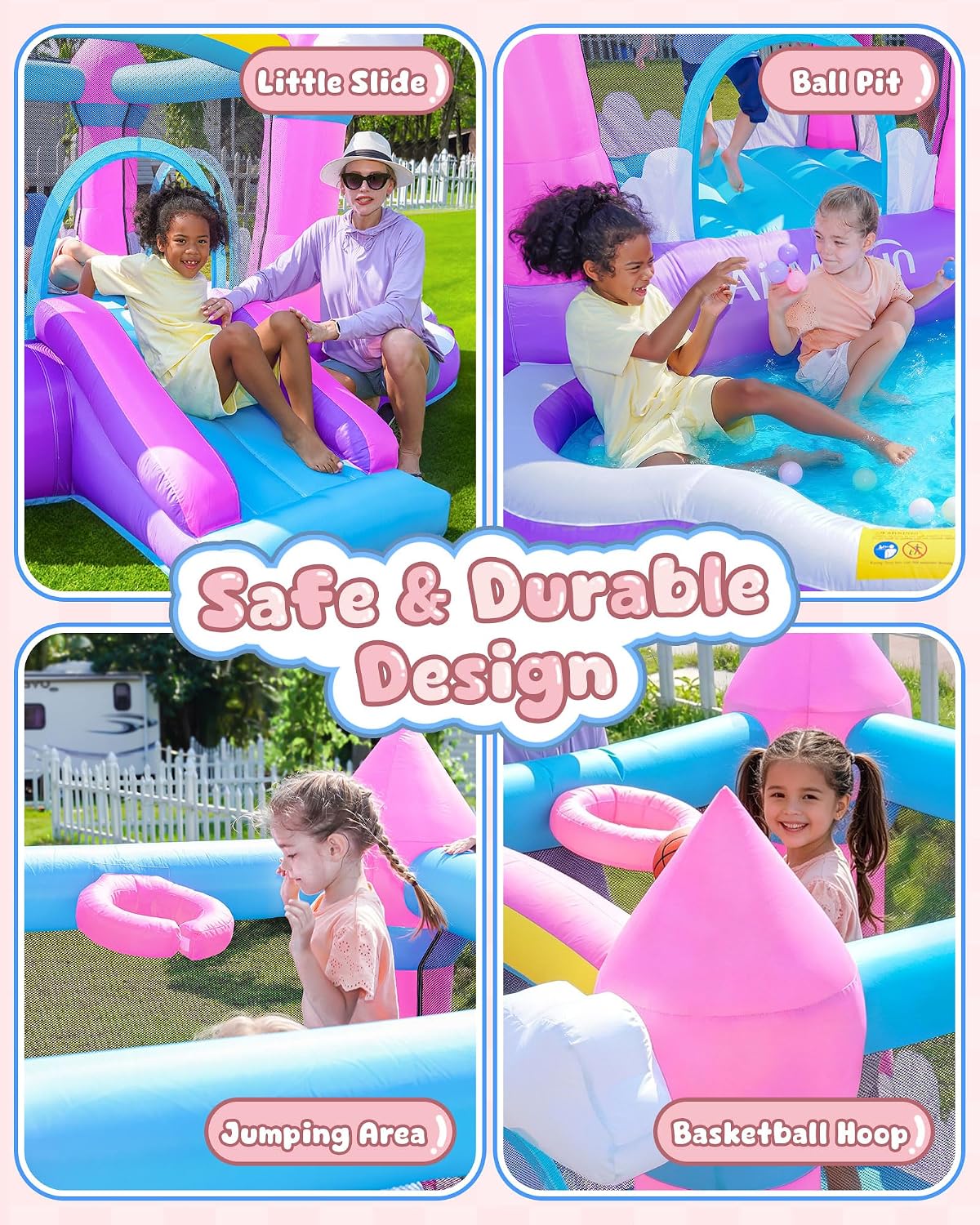 Rosa Aufblasbare Hüpfburg für  – Kids Outdoor House With Slide Bewertung und Preis